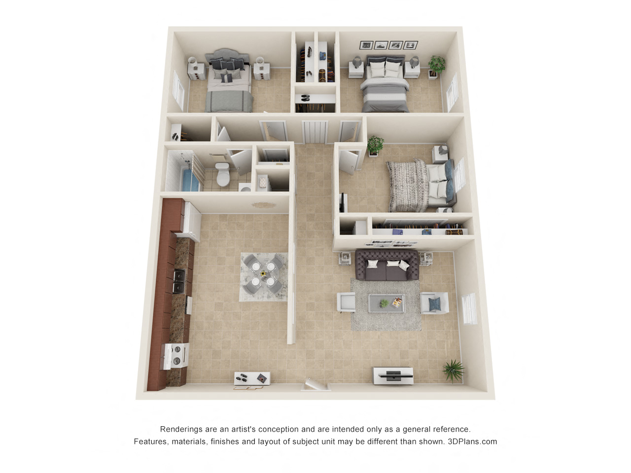 Floor plan for 3 beds, 1 bath, 968 sqft